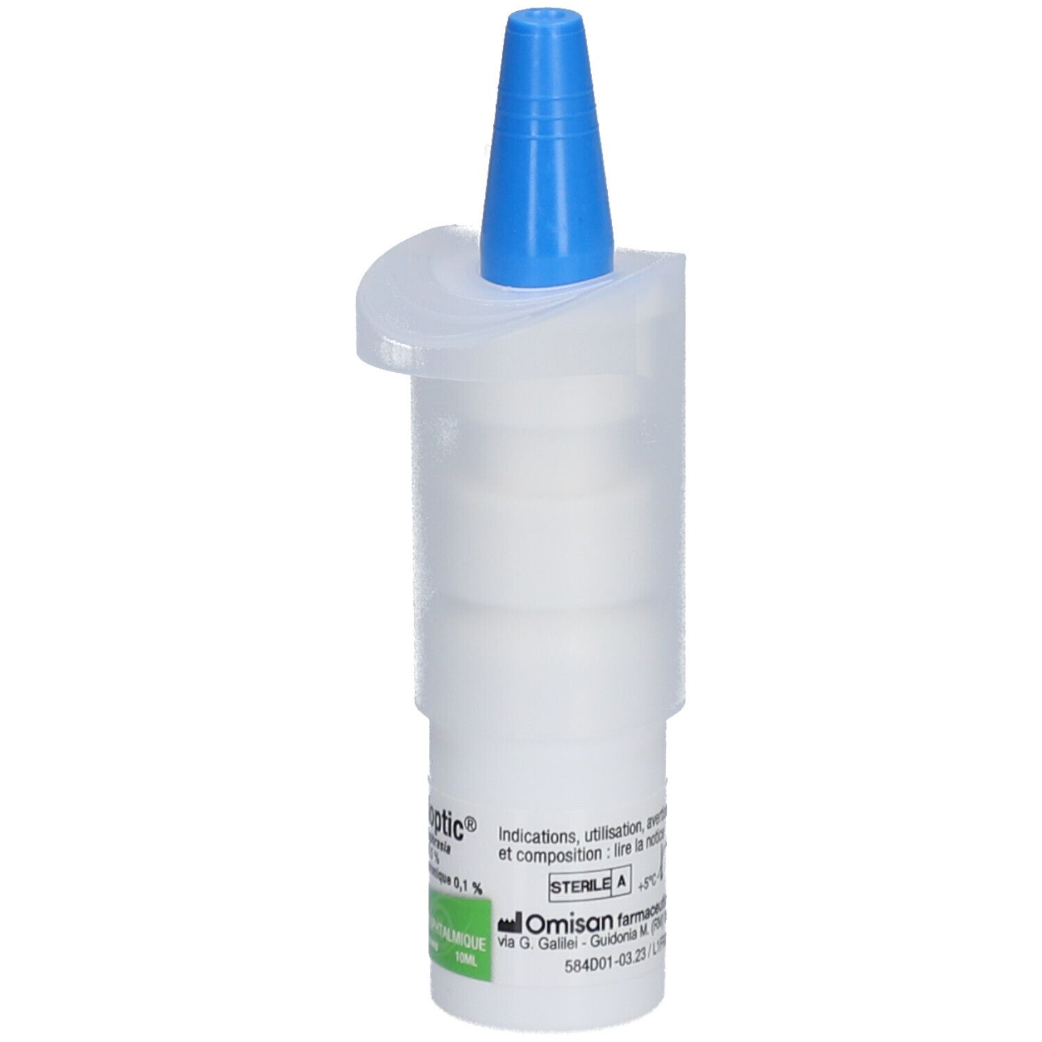 Unidoses de collyre. Flacon blanc avec bouchon bleu. Inscription : Sensioptic, STERILE A. Autres informations sur le flacon.