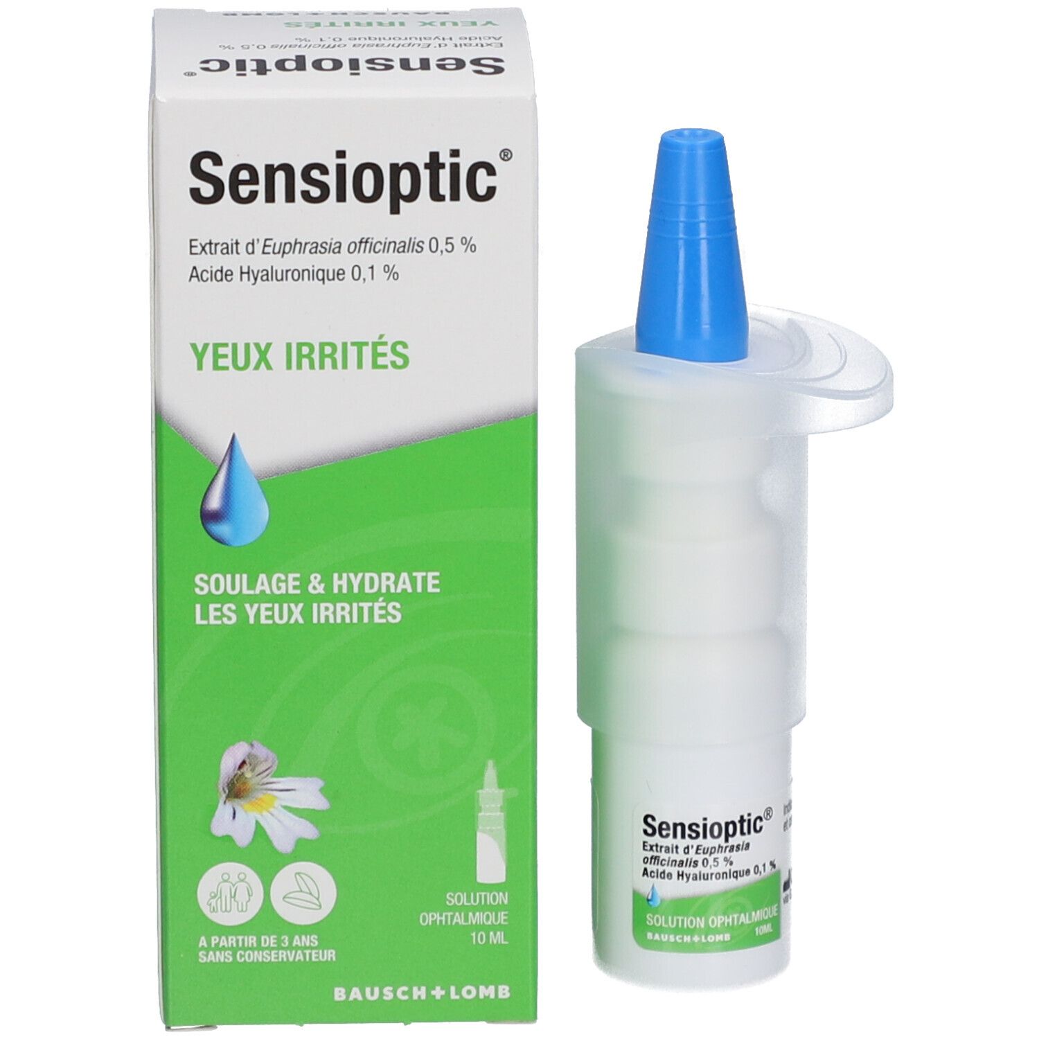 Emballage et unidoses de collyre. Inscription : Sensioptic, Extrakt d'Euphrasia officinalis 0,5%, Acide Hyaluronique 0,1%, Yeux Irrités.