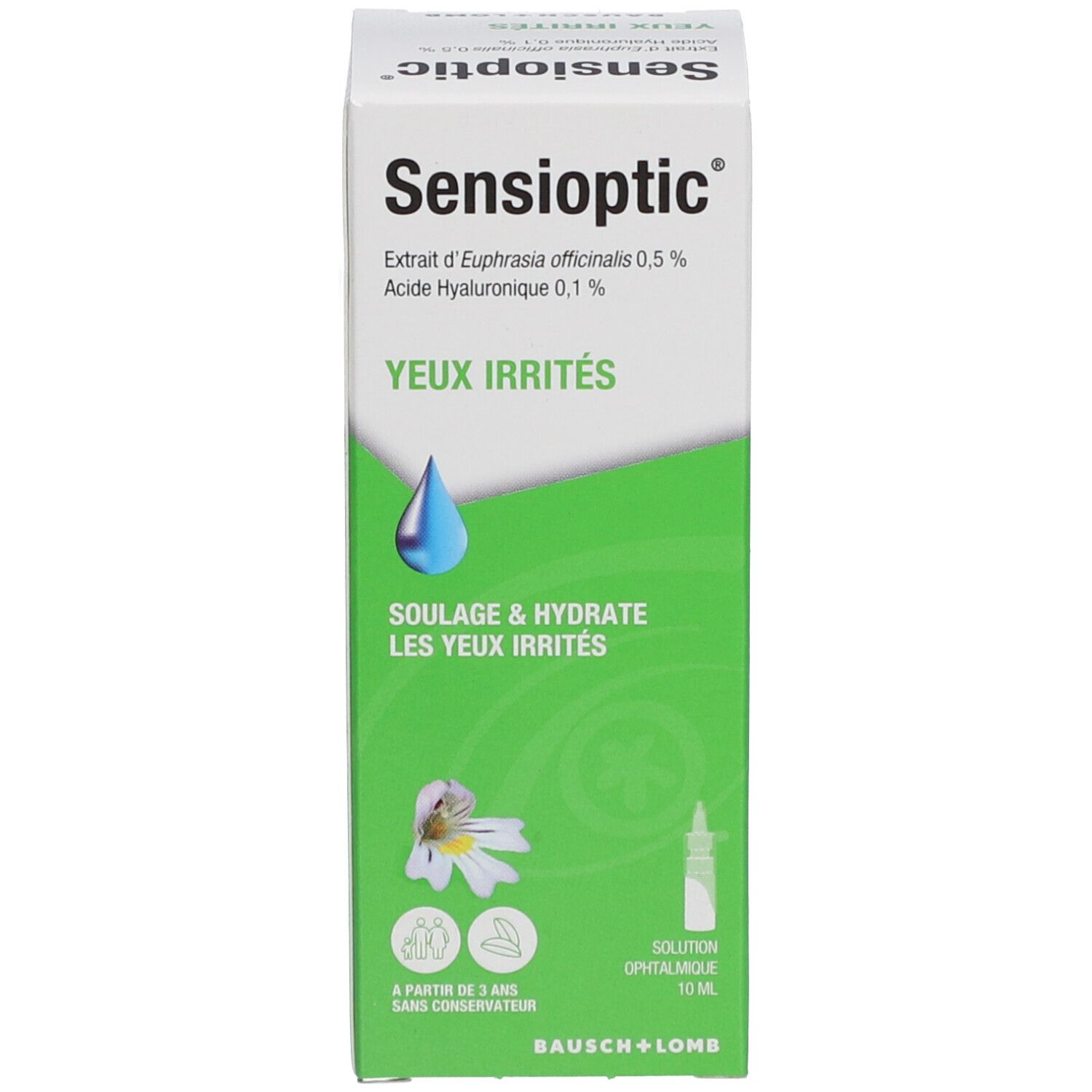 Emballage du produit. Inscription : Sensioptic, Extrakt d'Euphrasia officinalis 0,5%, Acide Hyaluronique 0,1%, Yeux Irrités. Image d'une larme.