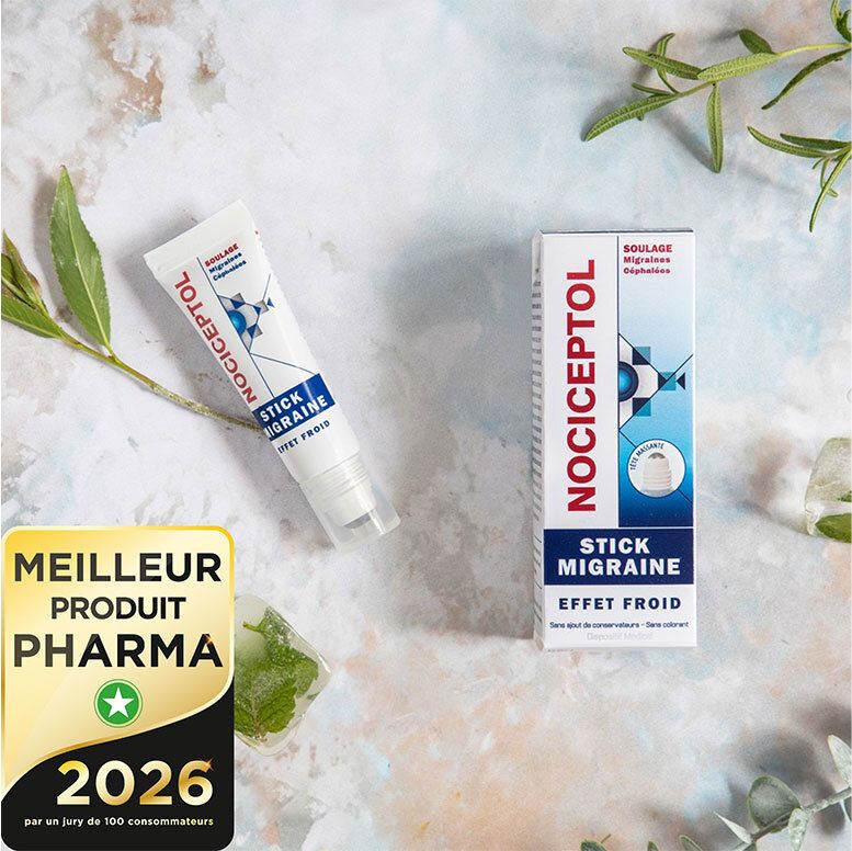 Nociceptol Migraine Stick met doos en 'Meilleur Produit Pharma 2026' label.