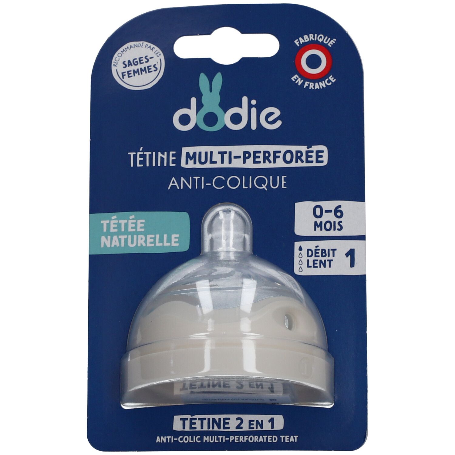 Dodie multi-geperforeerde anti-koliek speen, 0-6 maanden, flow 1. Op blisterverpakking.
