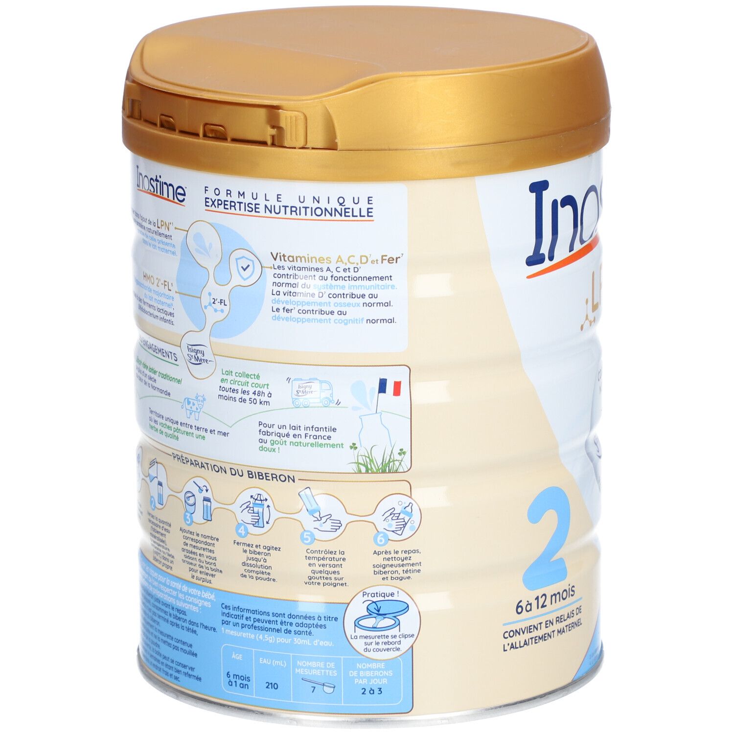 Boîte de lait en poudre pour bébé, vue arrière. Informations sur les vitamines et la préparation. Couvercle doré, impressions bleues et blanches.