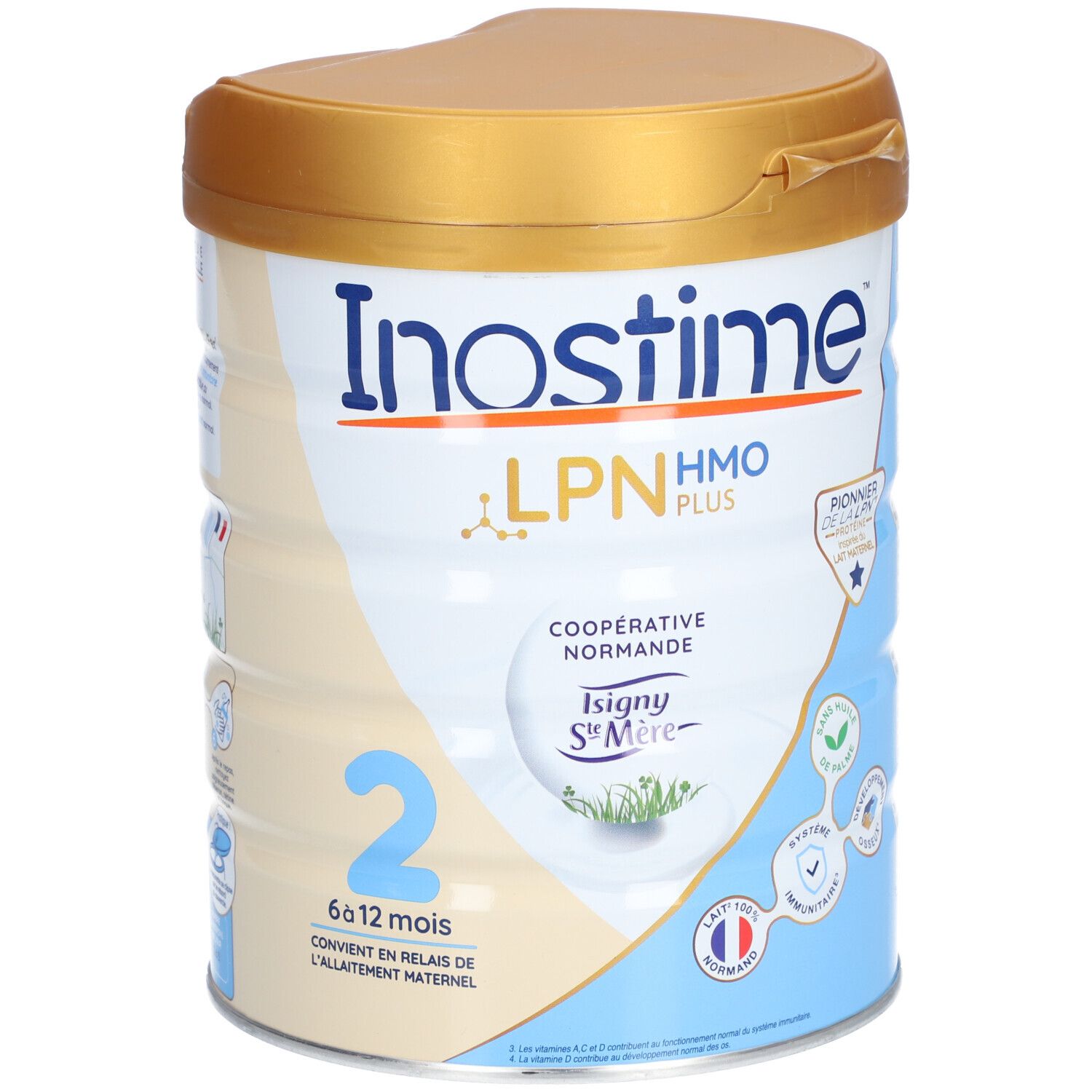 Boîte de lait en poudre pour bébé avec couvercle. Inostime LPN HMO Plus. Numéro 2, 6-12 mois. Tons bleus et dorés.
