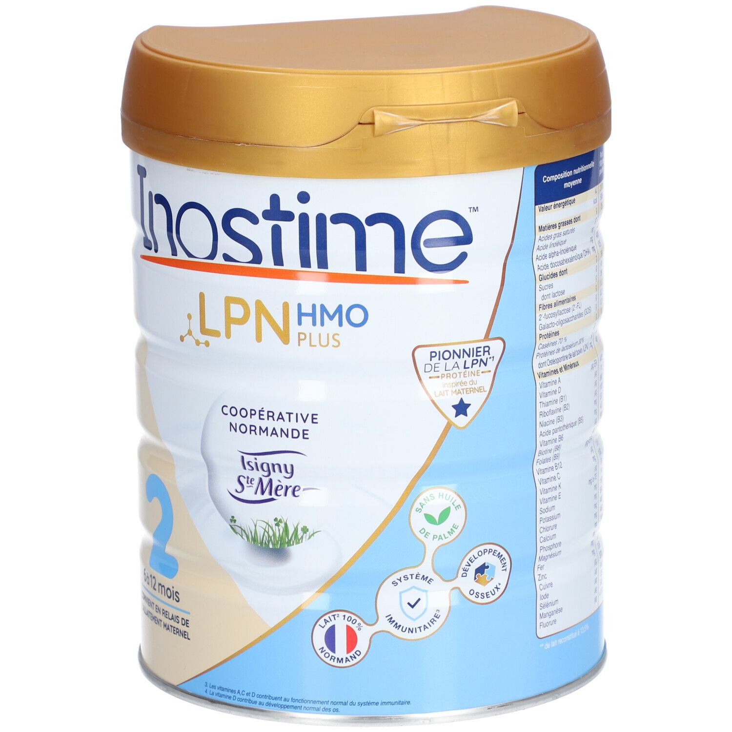 Boîte de lait en poudre pour bébé avec couvercle. Inostime LPN HMO Plus. Numéro 2, 6-12 mois. Tons bleus et dorés.