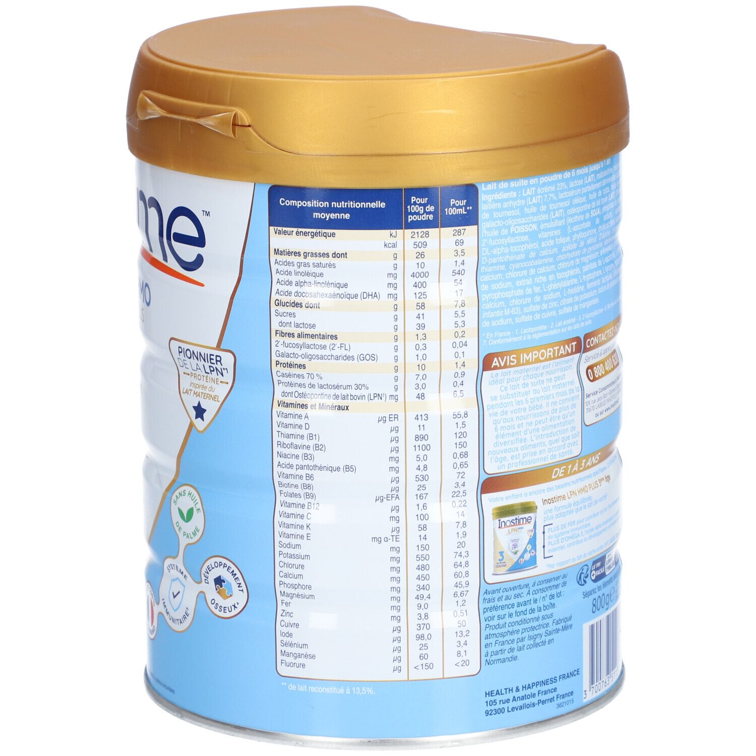 Boîte de lait en poudre pour bébé, vue arrière. Tableau nutritionnel et ingrédients. Couvercle doré, impressions bleues et blanches.