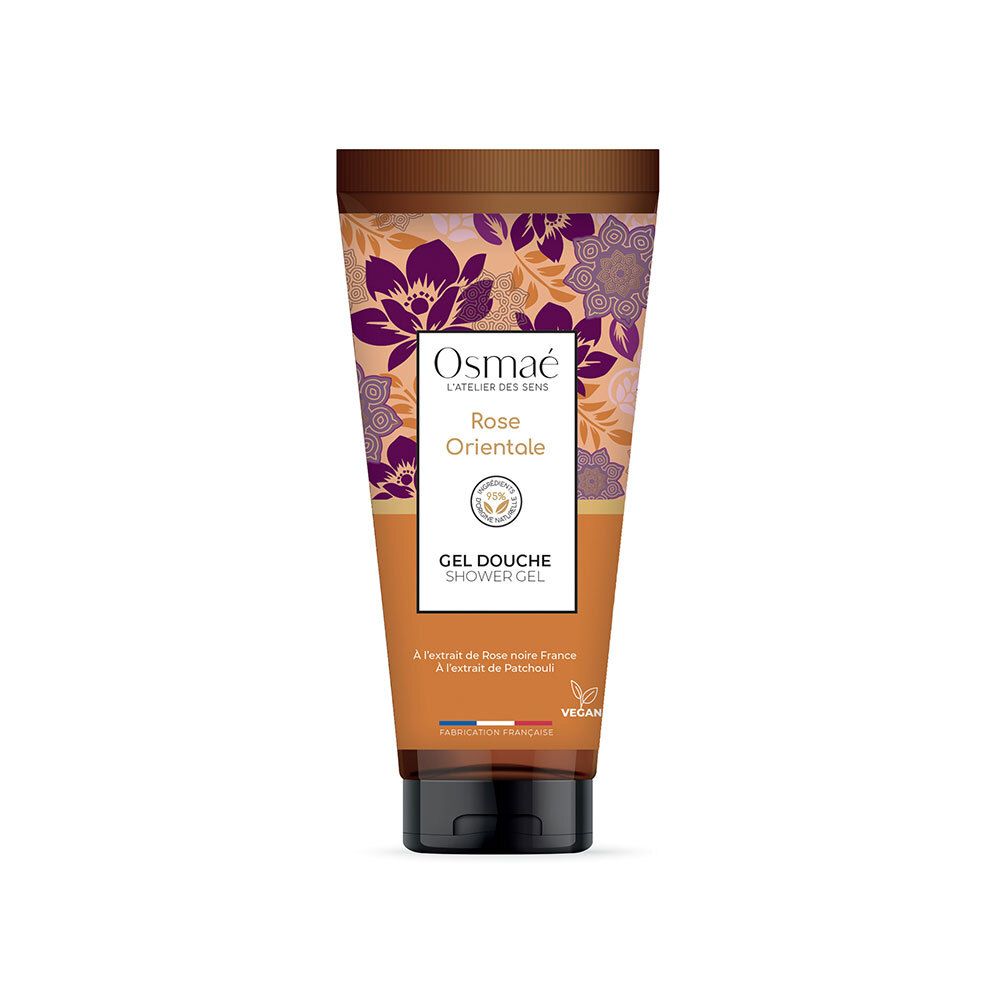 Tube douchegel Rose Orientale, bruine dop, bloemenpatroon. Tekst: Osmaé, Rose Orientale, Gel Douche, Vegan.