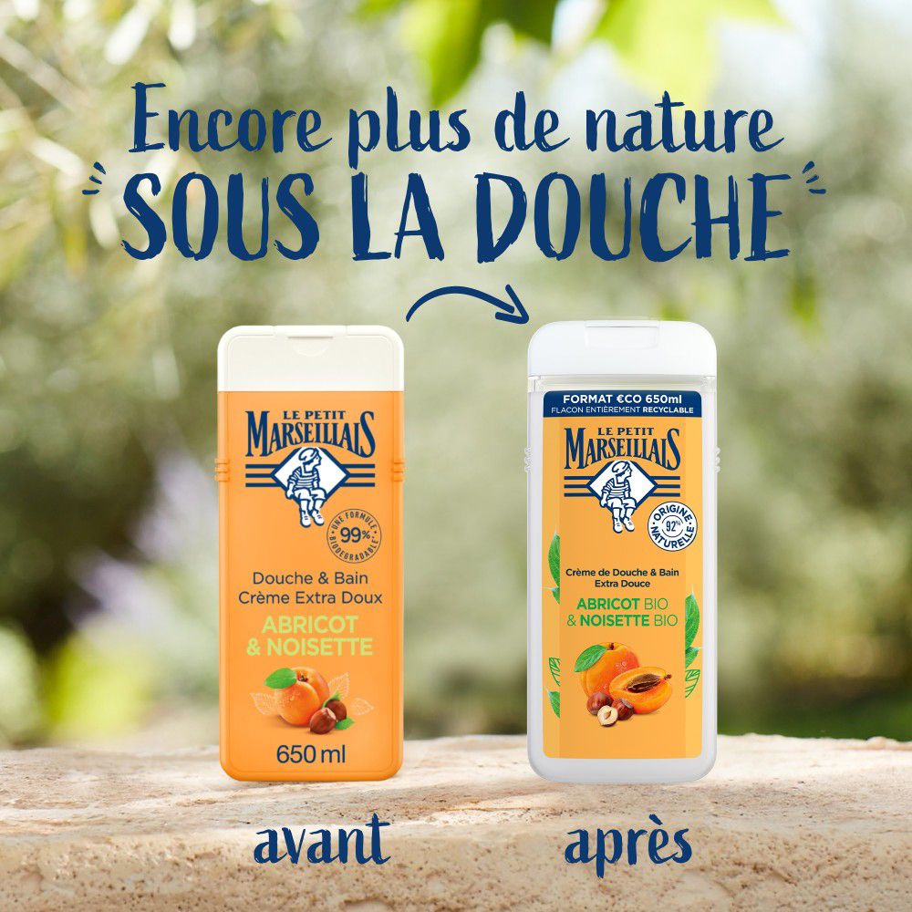 Comparaison avant-après. Deux flacons. Le Petit Marseillais Crème de Douche & Bain. Abricot BIO & Noisette BIO. 650ml.