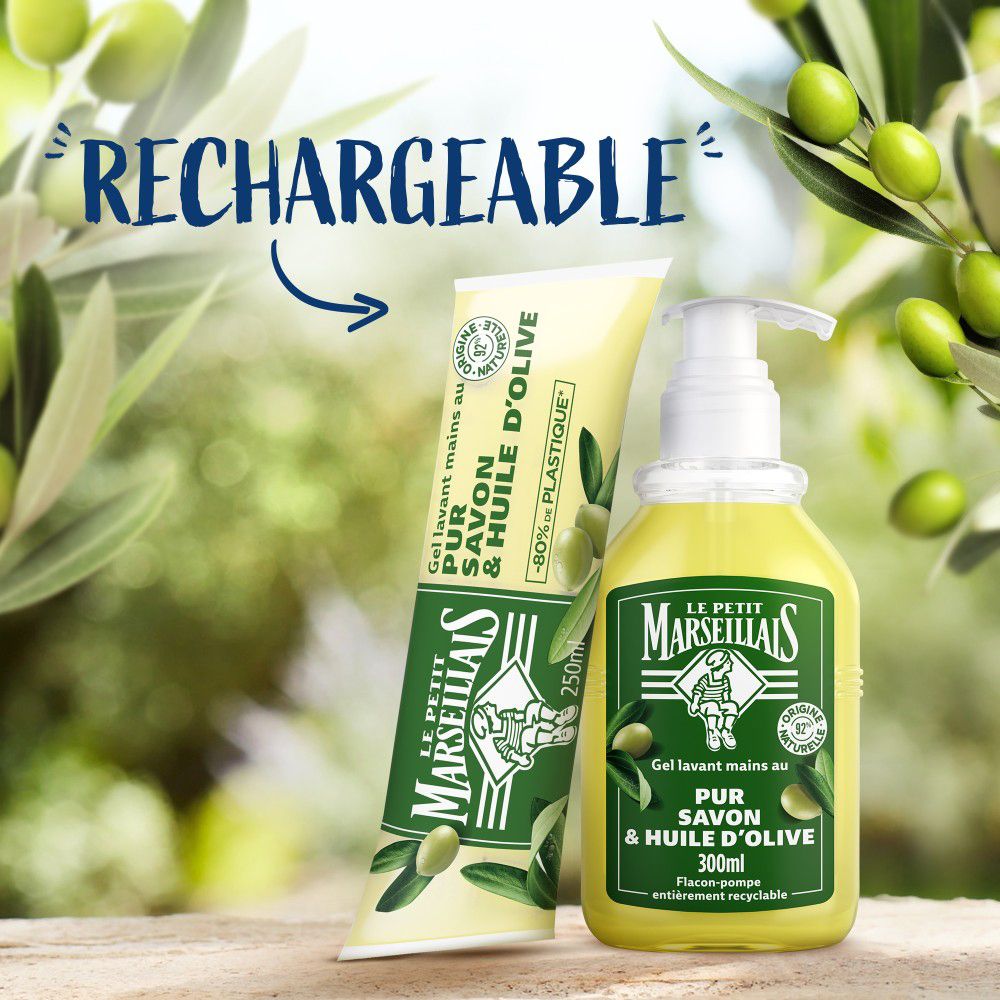 Comparaison de produits : flacon et recharge. Texte : Rechargeable.