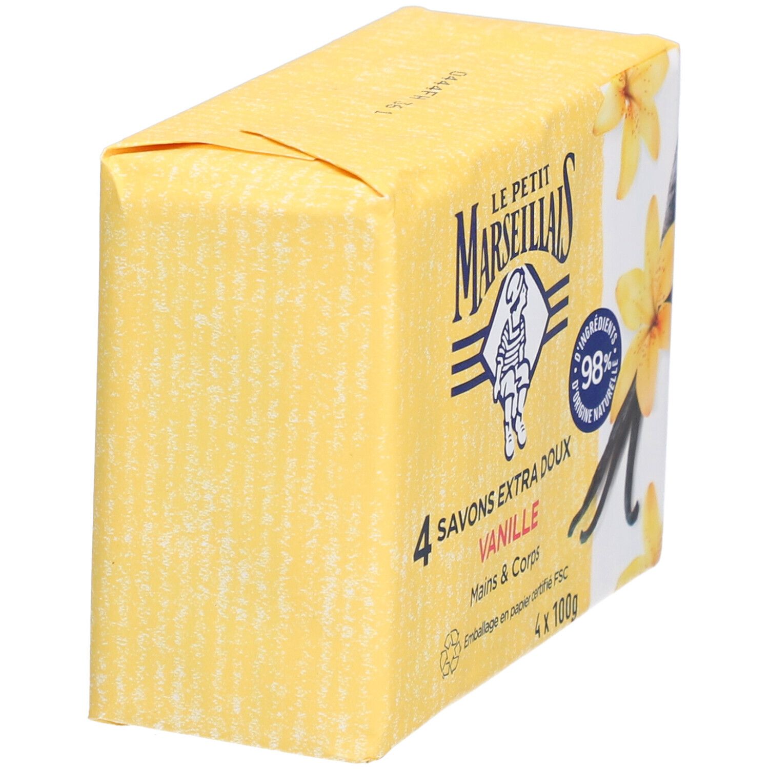Emballage de quatre savons. Inscription: Le Petit Marseillais, Savons Extra Doux Vanille. Certification FSC.
