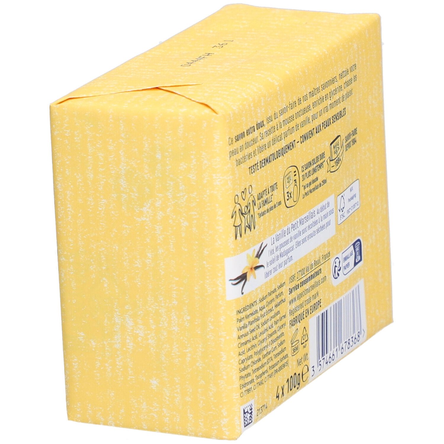 Dos de l'emballage de savon. Texte: ingrédients, adresse, certification FSC, 4 x 100g. Illustration vanille.