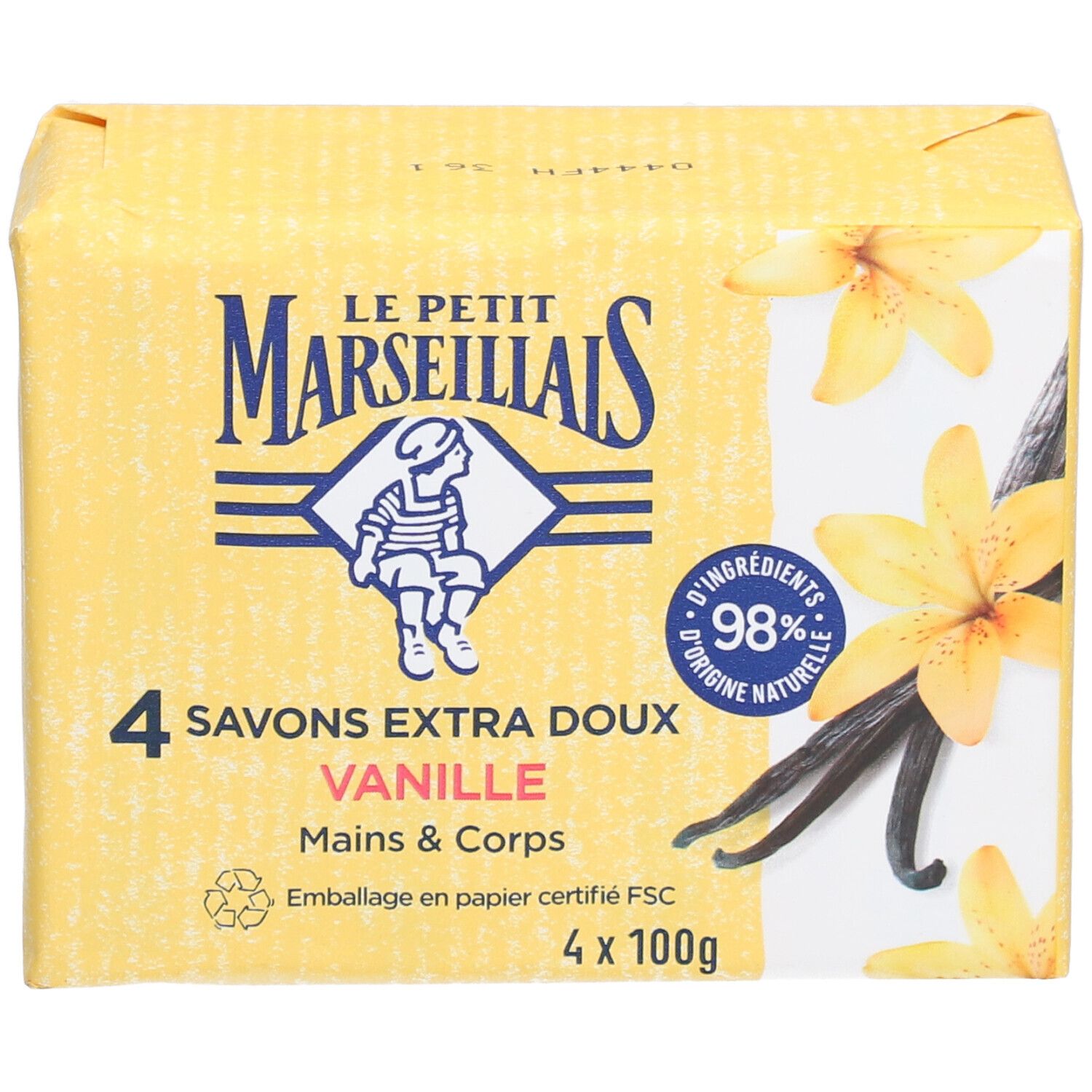 Emballage de quatre savons. Inscription: Le Petit Marseillais, Savons Extra Doux Vanille. Certification FSC.