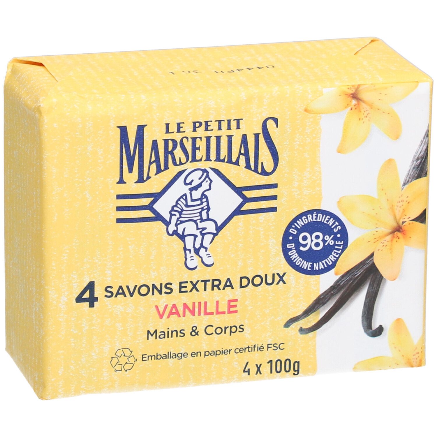 Emballage de quatre savons. Inscription: Le Petit Marseillais, Savons Extra Doux Vanille. Certification FSC.
