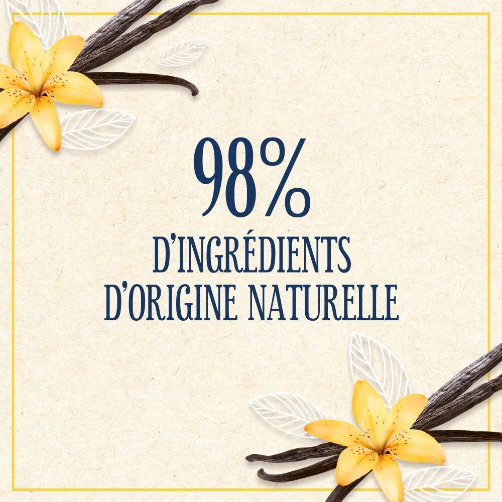 Texte '98% d'ingrédients d'origine naturelle' avec fleurs et gousses de vanille. Le Petit Marseillais.