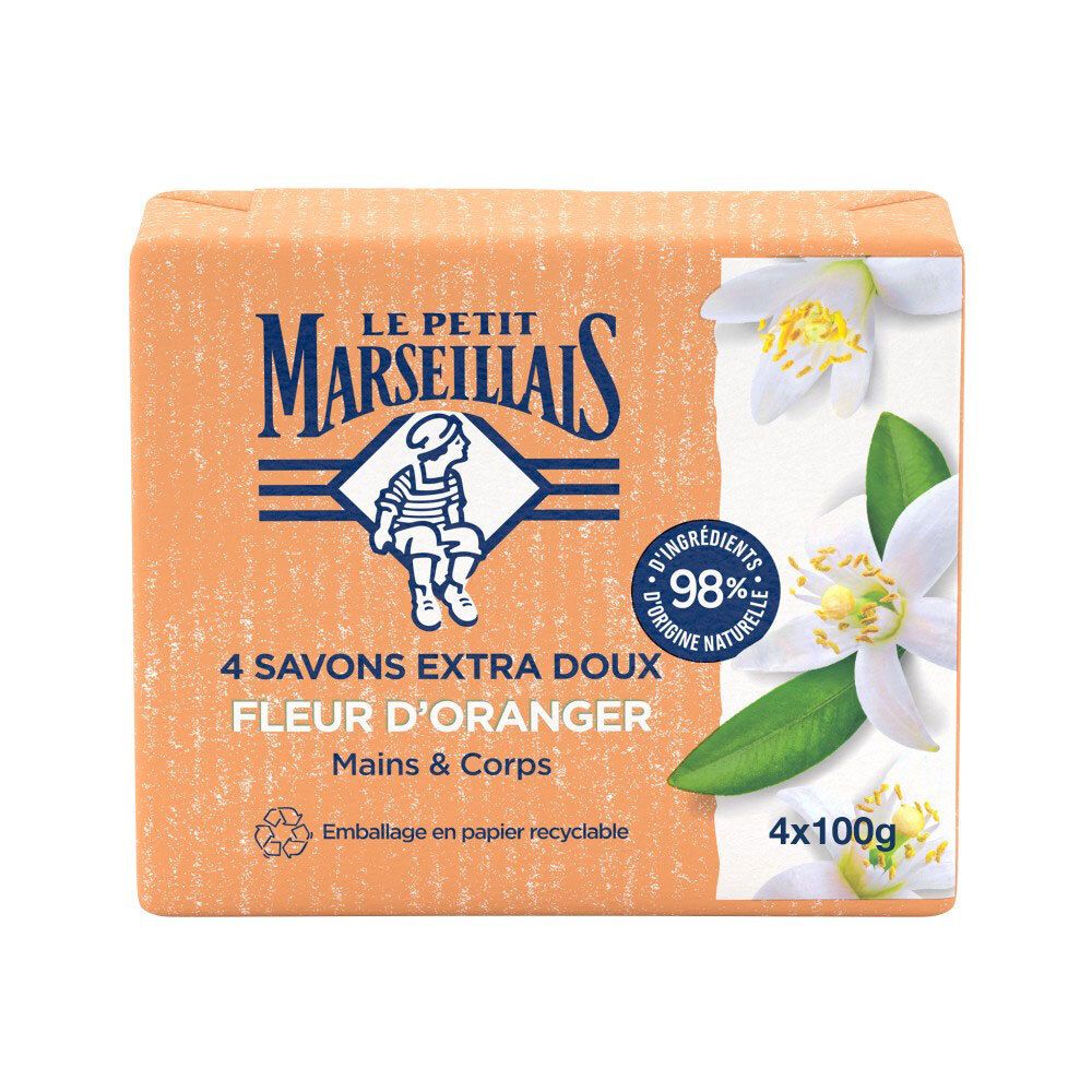 Pack de 4 savons extra doux Fleur d'Oranger, 98% d'ingrédients d'origine naturelle.