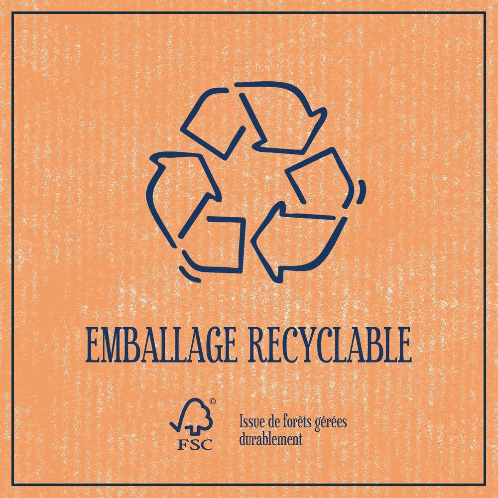 Symbole de recyclage et certification FSC sur emballage orange.
