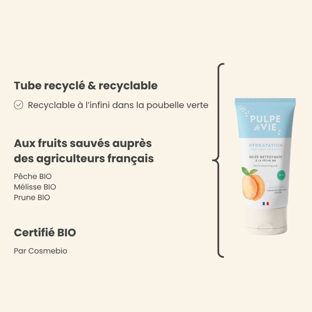 Texte : Tube recyclé & recyclable. Aux fruits sauvés auprès des agriculteurs français. Certifié BIO. Illustration du tube.