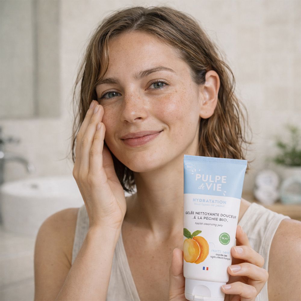 Femme tenant un tube. Tube avec texte et illustrations. La femme touche son visage.