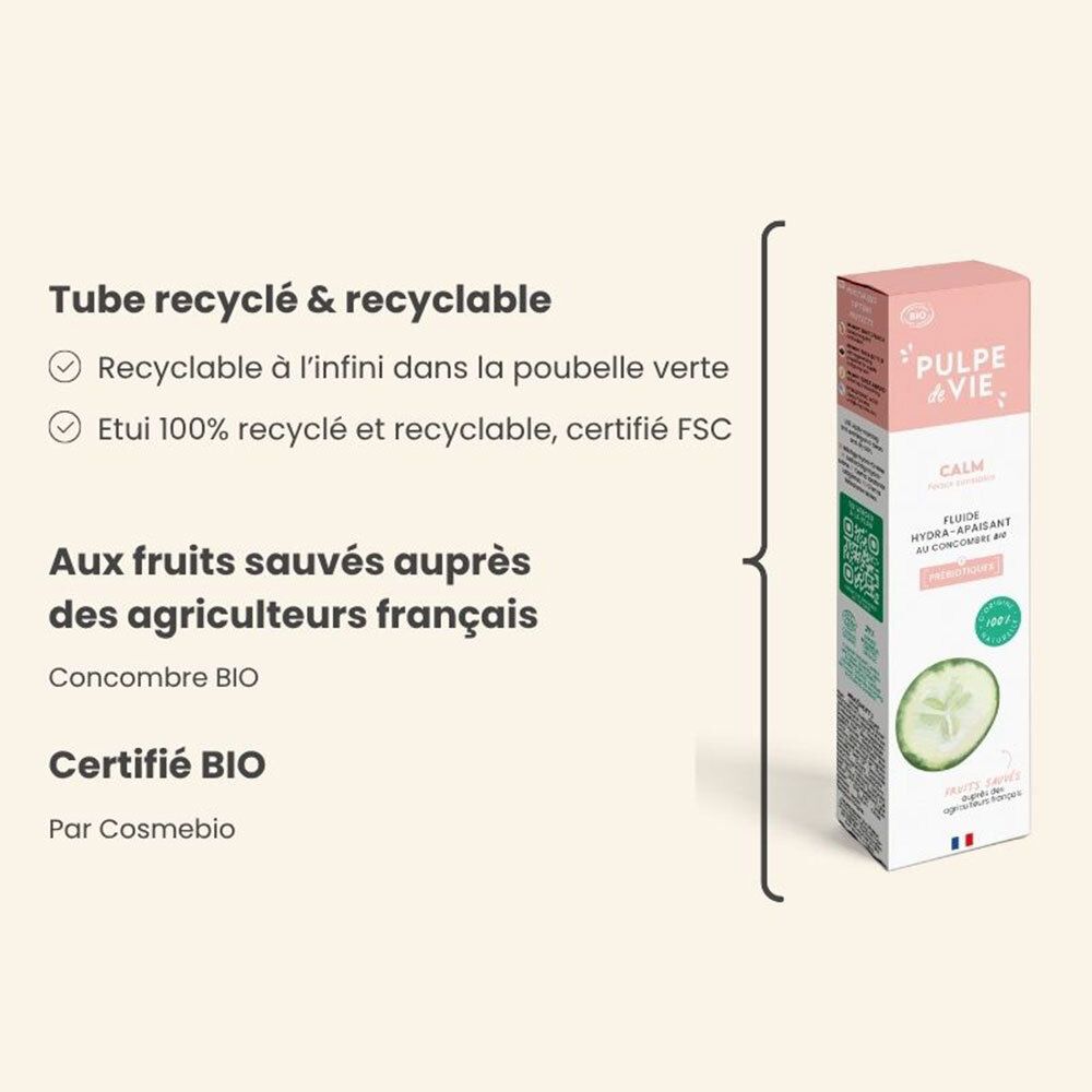 Emballage du produit. Texte: Tube recyclé & recyclable. Aux fruits sauvés auprès des agriculteurs français. Certifié BIO.