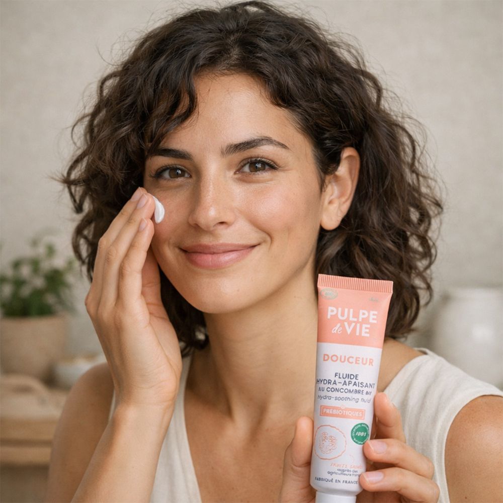 Femme appliquant le produit. Tube rose avec texte blanc. Inscription: PULPE de VIE, DOUCEUR, Fluide hydra-apaisant.