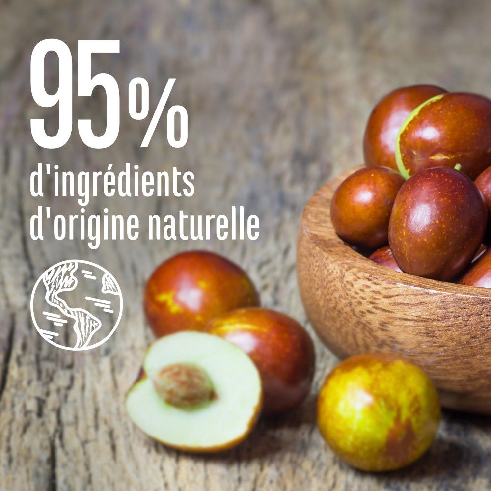 Gros plan de fruits dans un bol en bois. Texte: 95% d'ingrédients d'origine naturelle. Symbole du globe.