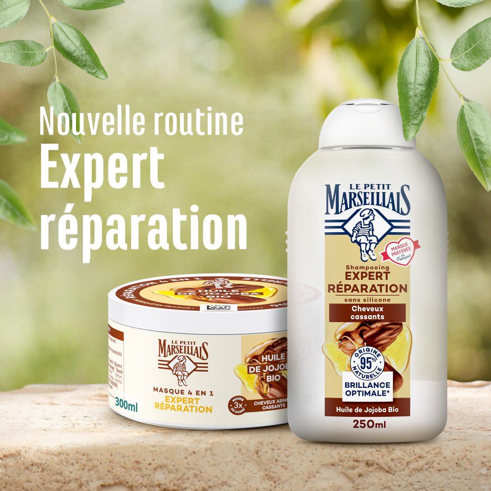 Shampooing et masque. Texte: Nouvelle routine Expert Réparation. Le Petit Marseillais. Masque 300ml, shampooing 250ml.