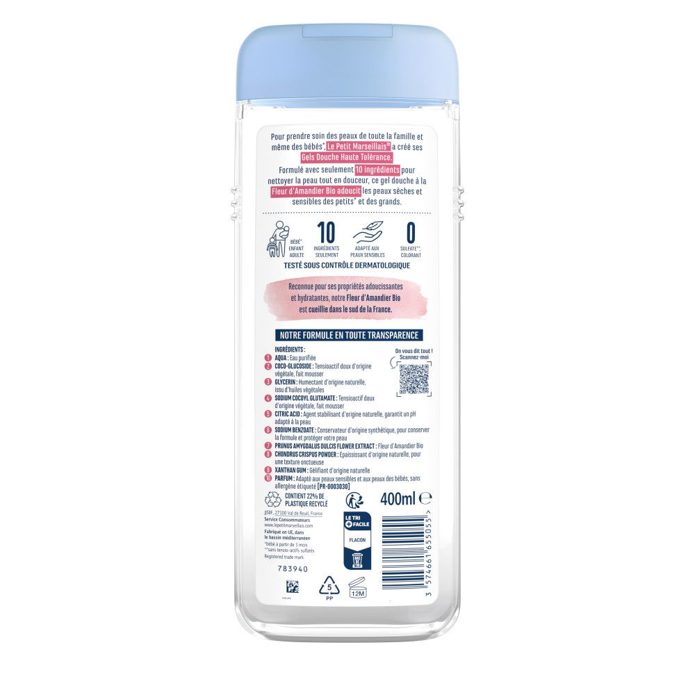 Achterkant van de fles. Tekst: ingrediënten, 10 ingrediënten, 0 zeep, 0 sulfaat, 0 kleurstof. Dermatologisch getest.