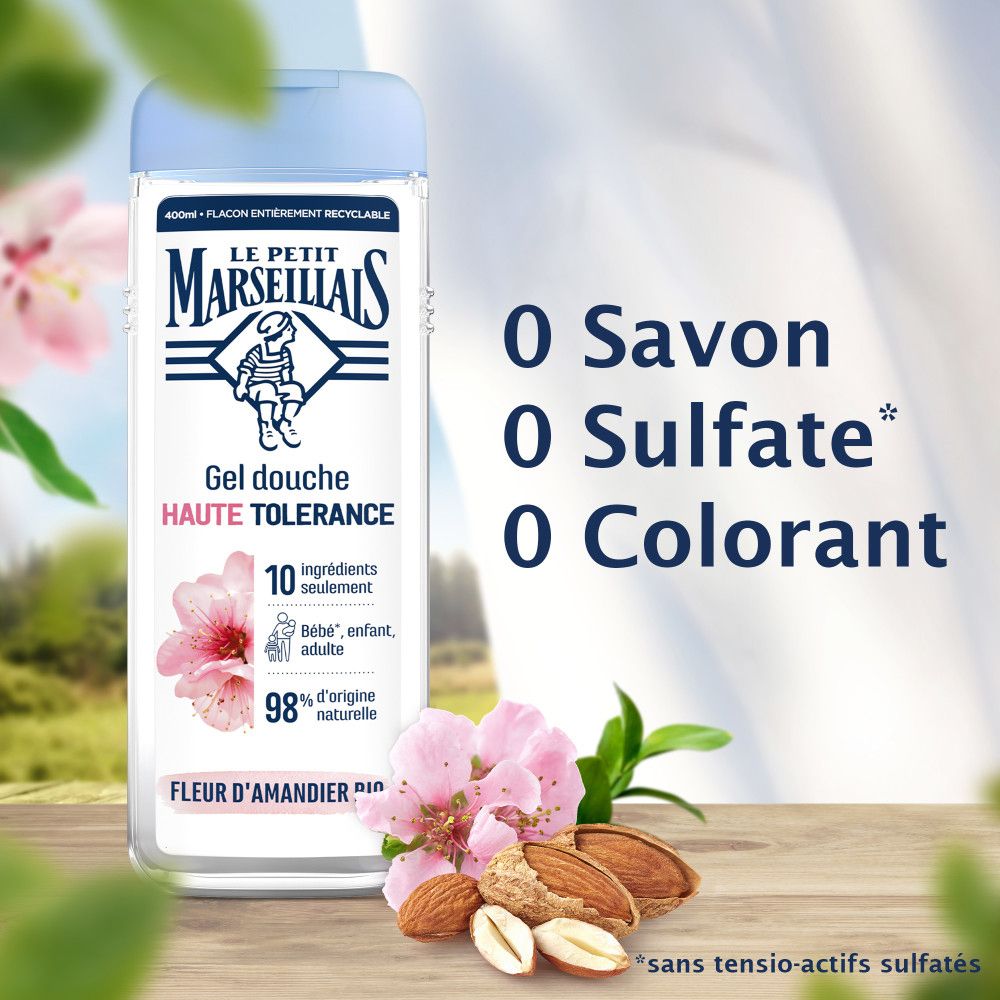 Fles, bloemen, amandelen. Tekst: 0 zeep, 0 sulfaat, 0 kleurstof. 10 ingrediënten. 98% natuurlijke oorsprong.
