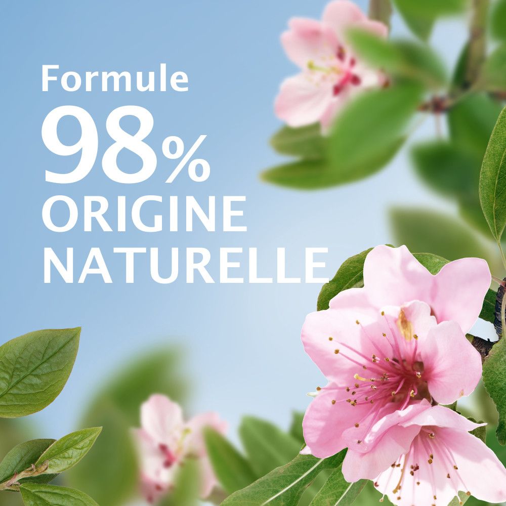 Bloemen en bladeren. Tekst: Formule 98% natuurlijke oorsprong.