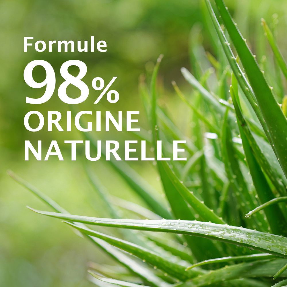 Gros plan sur des feuilles d'aloe vera. Texte: 98% d'origine naturelle.