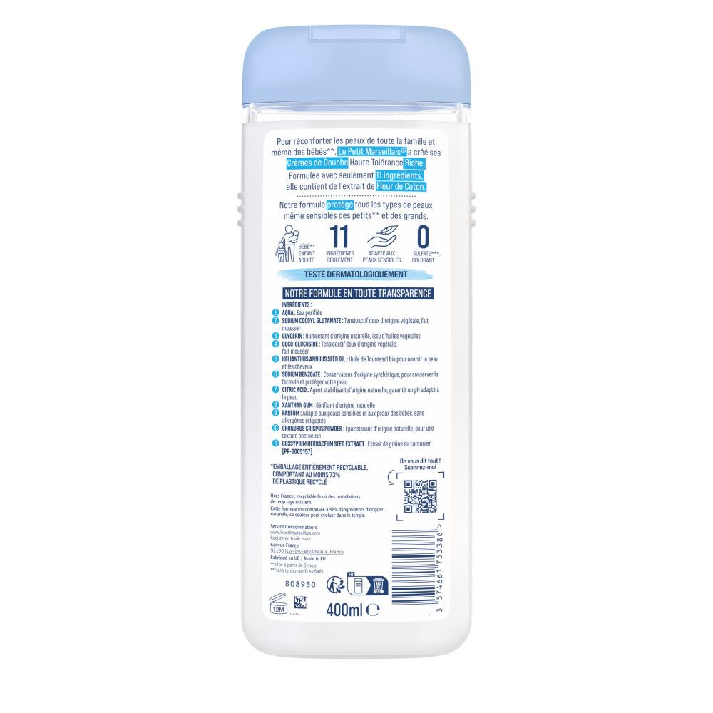 Achterkant van de douchecrèmefles. Ingrediënten en informatie. 400ml.