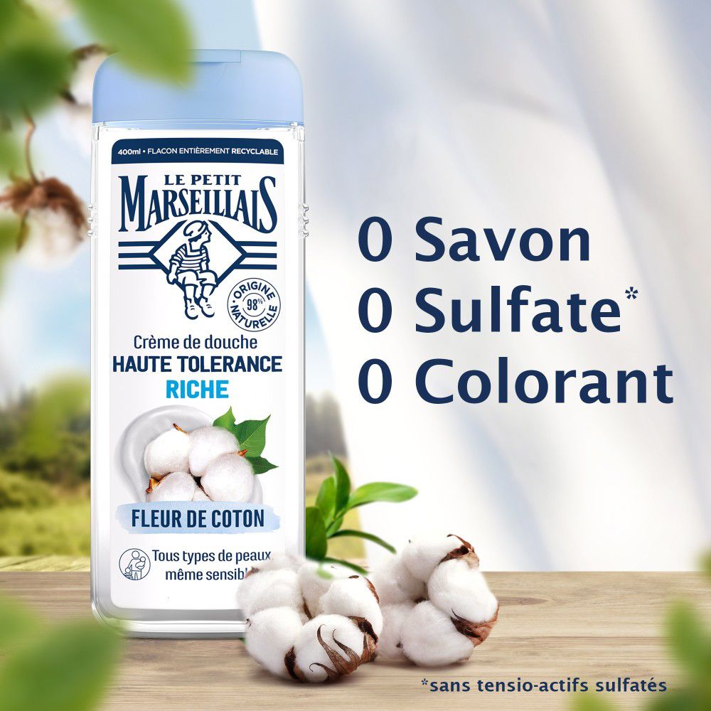 Douchecrème met katoenbloem. 0 zeep, 0 sulfaat, 0 kleurstof.