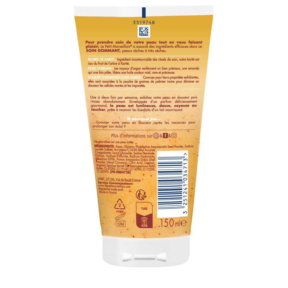 Dos du tube jaune. Texte: Ingrédients, instructions d'utilisation. 150ml. Symboles de recyclage.