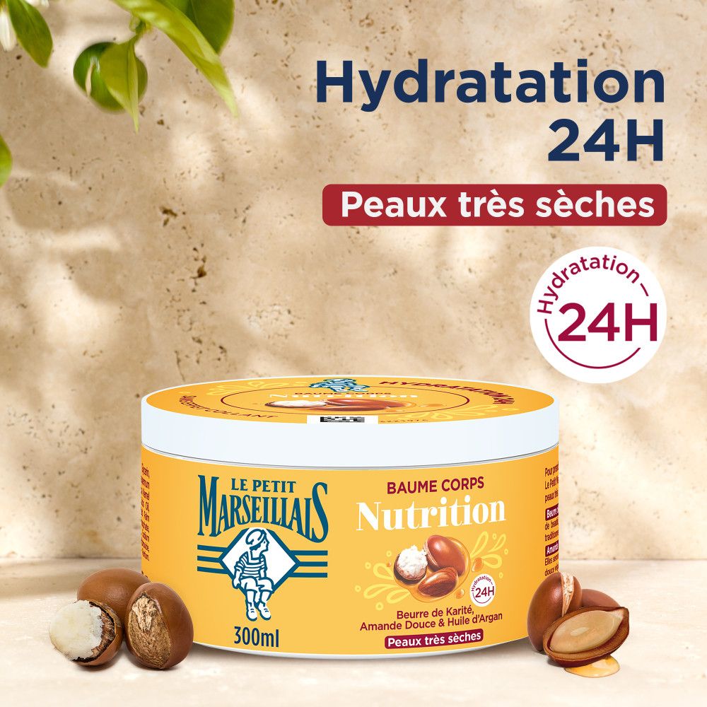 Pot jaune avec couvercle blanc. Inscription: Le Petit Marseillais, Baume Corps Nutrition. Beurre de karité, amande douce & huile d'argan. Hydratation 24H.