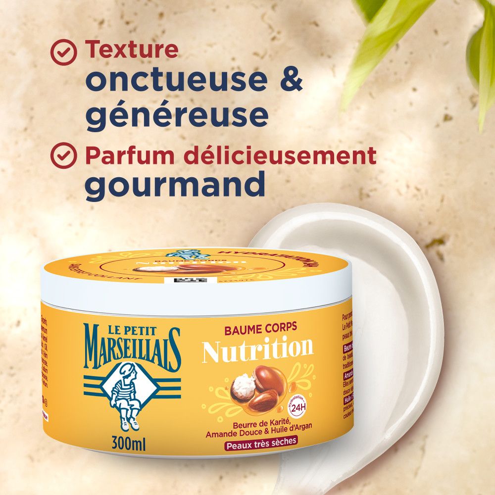 Pot jaune avec couvercle blanc. Inscription: Le Petit Marseillais, Baume Corps Nutrition. Texture, Parfum.