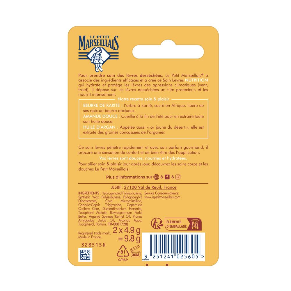Achterkant blisterverpakking. Ingrediënten, informatie over Le Petit Marseillais. 2x4.9g = 9.8g. Barcode.