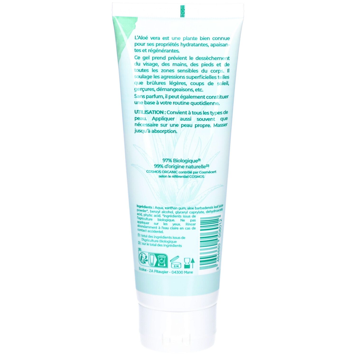 Dos du tube. Texte en français. Informations sur les ingrédients et la certification BIO. Mention 99% d'origine naturelle.