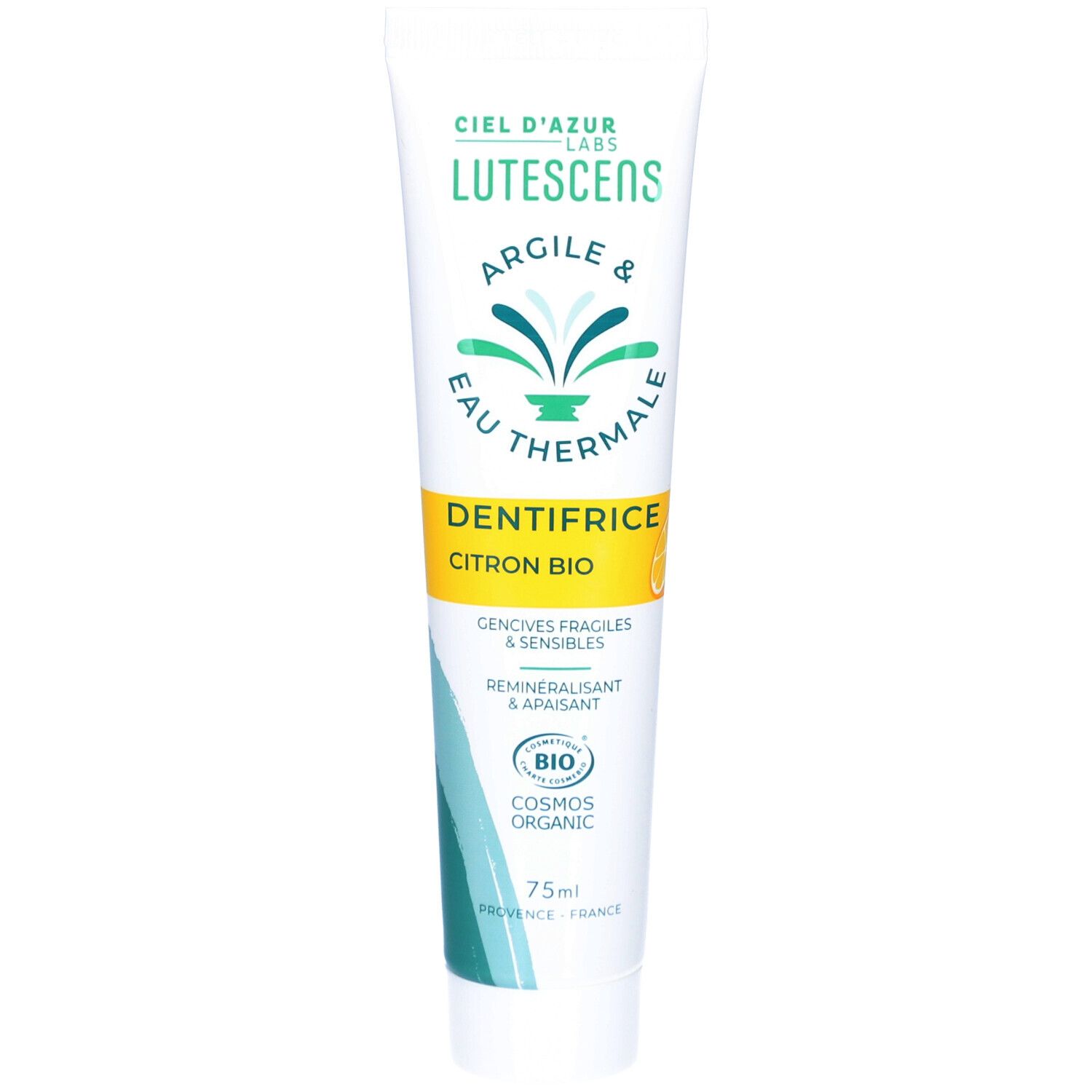Tandpasta tube CIEL D'AZUR LUTESCENS. Wit, met groene en gele accenten. Tekst: "Dentifrice Citron Bio".