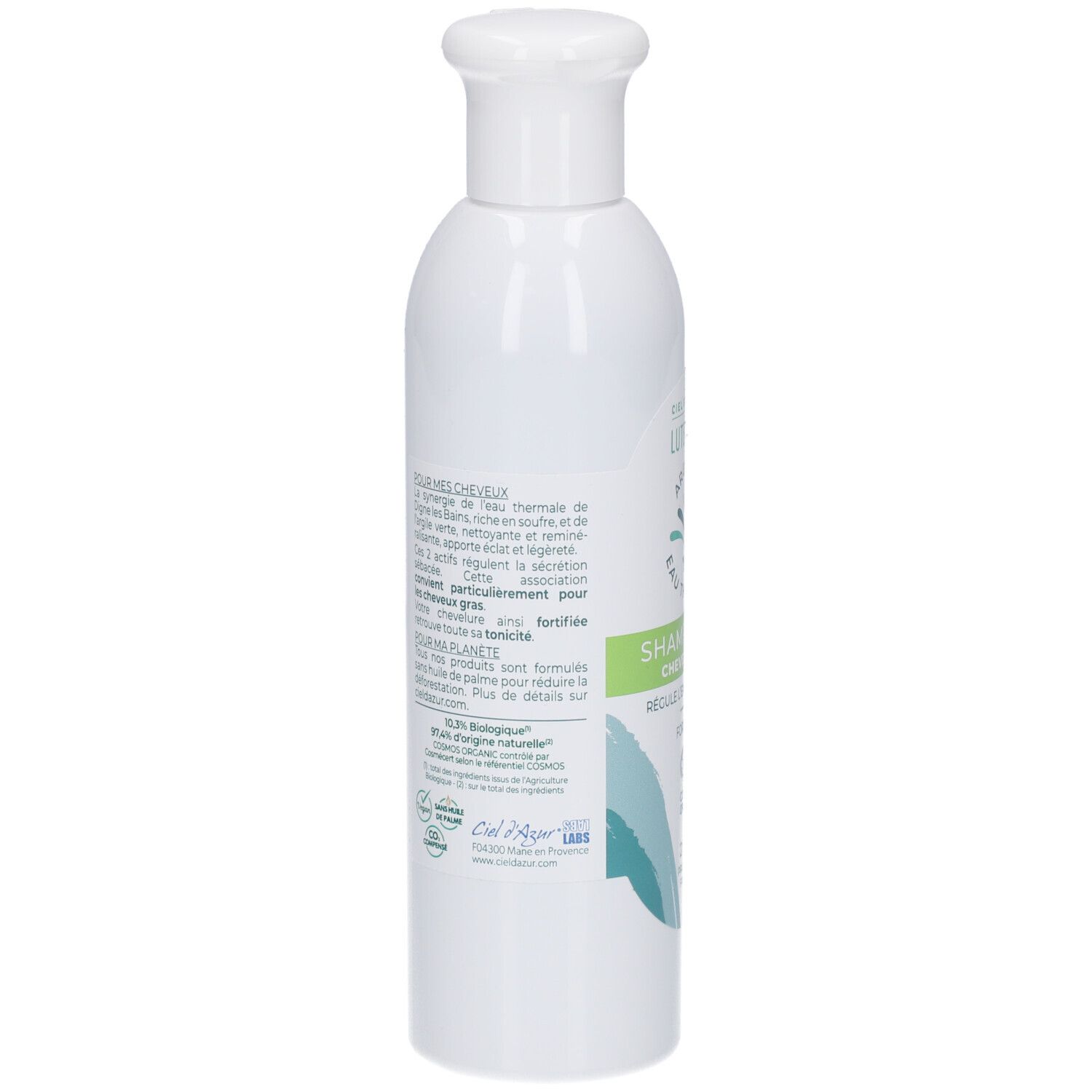 Achterkant van de witte fles CIEL D'AZUR Lutescens Shampooing. Meertalige tekst. Bio-certificering.