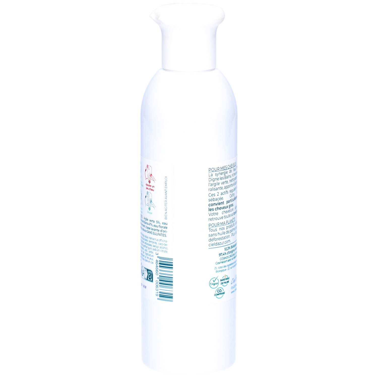 Zijaanzicht van de witte fles CIEL D'AZUR Lutescens Shampooing. Meertalige tekst. Bio-certificering.