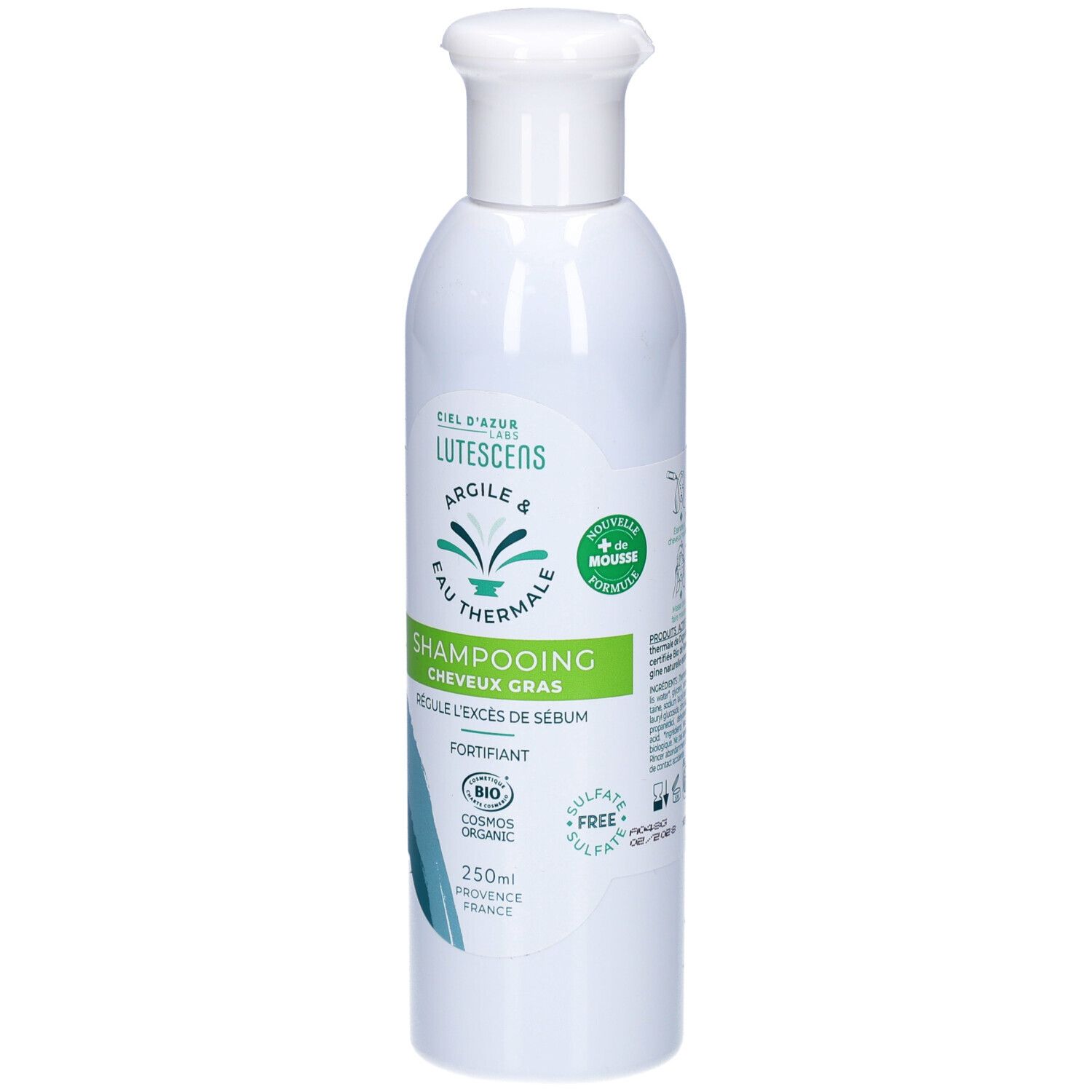 Witte fles CIEL D'AZUR Lutescens Shampooing Cheveux Gras. Groene tekst, blauwe afbeelding. Bio-certificering.