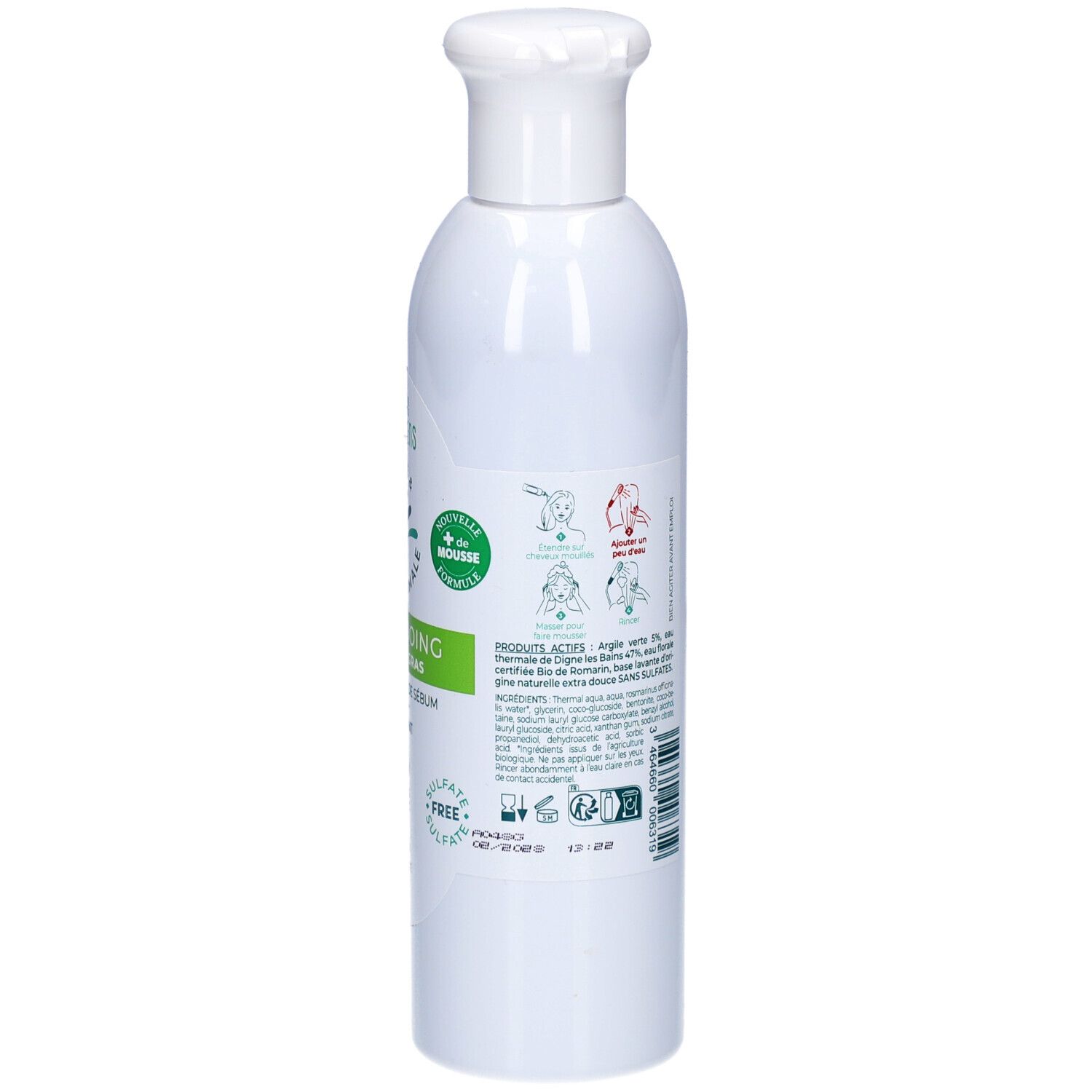 Achterkant van de witte fles CIEL D'AZUR Lutescens Shampooing. Meertalige tekst. Bio-certificering.