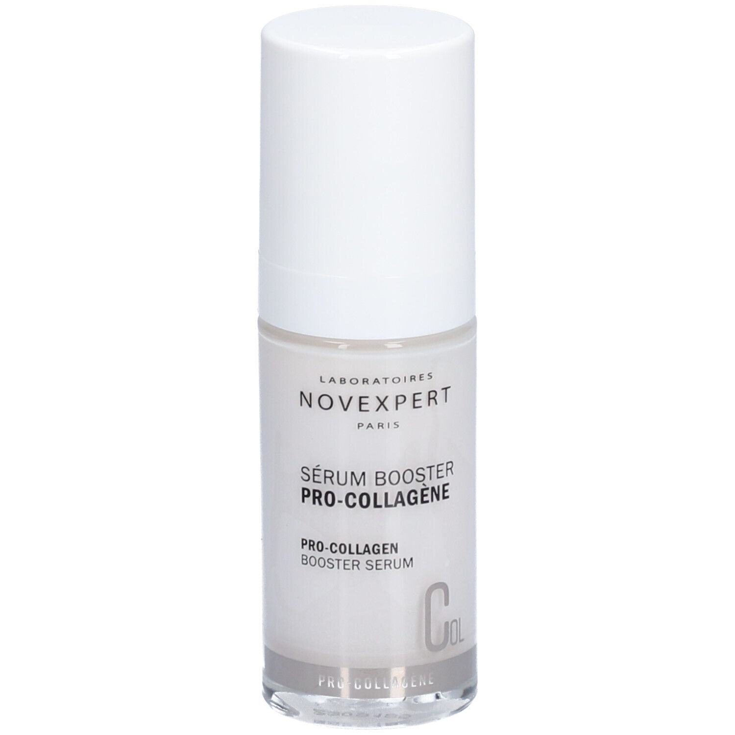 Transparante fles met witte dop. Opschrift: Novexpert, Sérum Booster Pro-Collagen, Pro-Collagen Booster Serum.