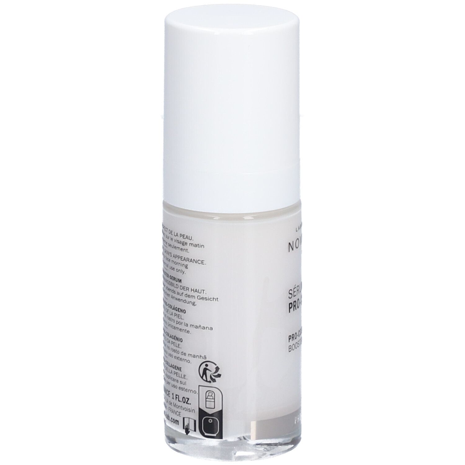 Transparante fles met witte dop. Achterkant met tekst. Opschrift: Novexpert, Sérum Booster Pro-Collagen, Pro-Collagen Booster Serum.