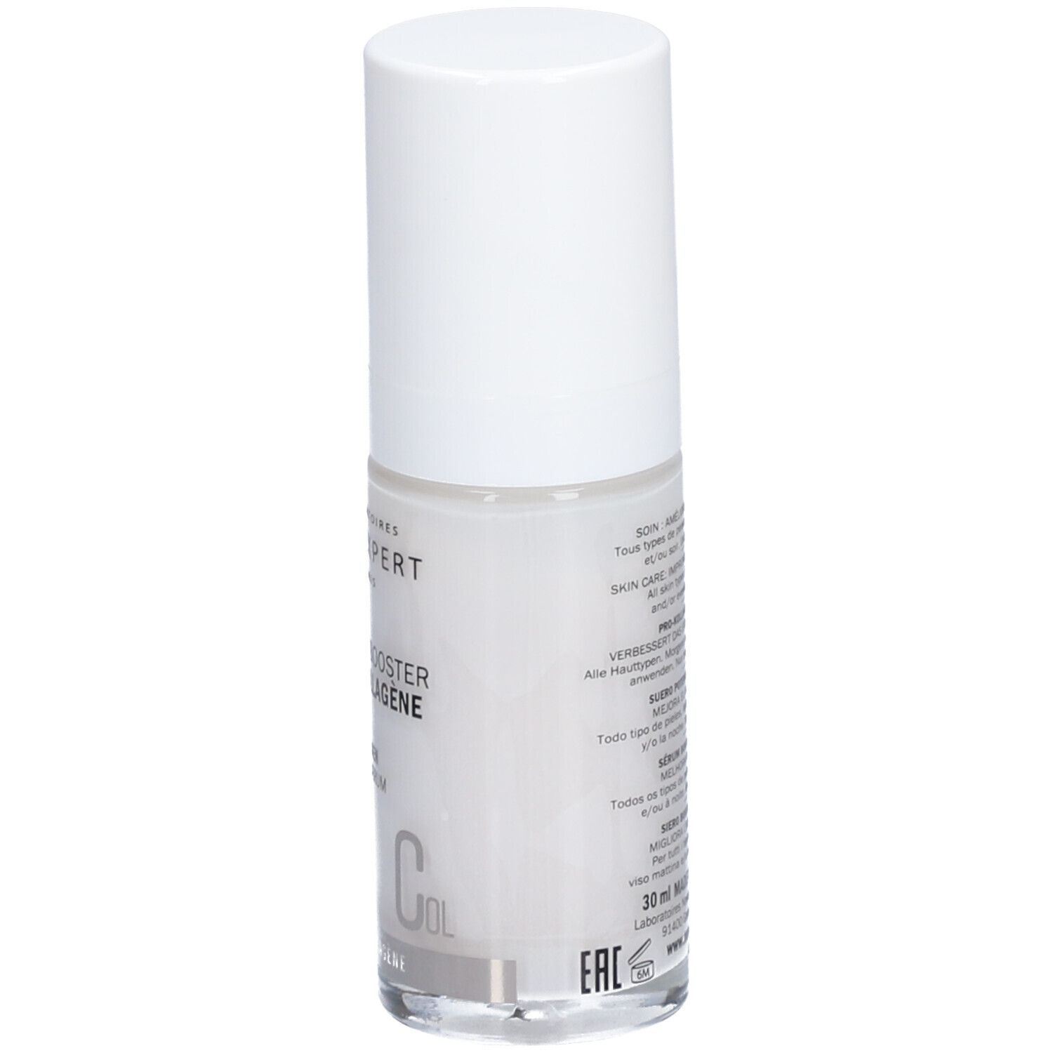 Transparante fles met witte dop. Achterkant met tekst. Opschrift: Novexpert, Sérum Booster Pro-Collagen, Pro-Collagen Booster Serum.