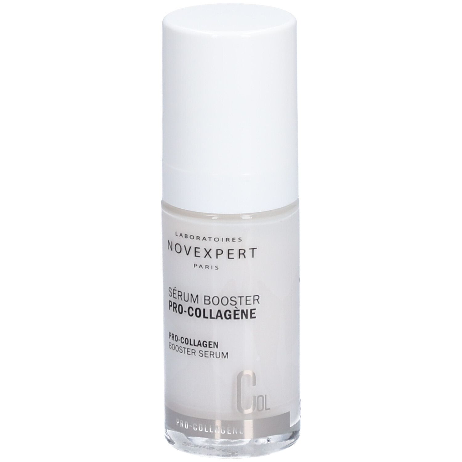 Transparante fles met witte dop. Opschrift: Novexpert, Sérum Booster Pro-Collagen, Pro-Collagen Booster Serum.