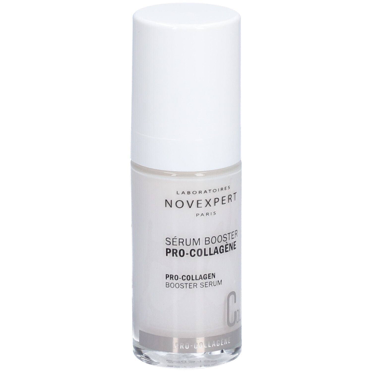 Transparante fles met witte dop. Opschrift: Novexpert, Sérum Booster Pro-Collagen, Pro-Collagen Booster Serum.