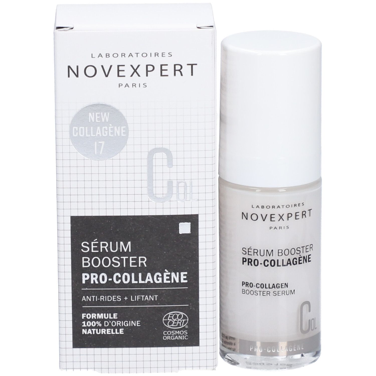 Productfles en verpakking. Opschrift: Novexpert, Sérum Booster Pro-Collagen, Anti-Rides + Liftant, Cosmos Organic.
