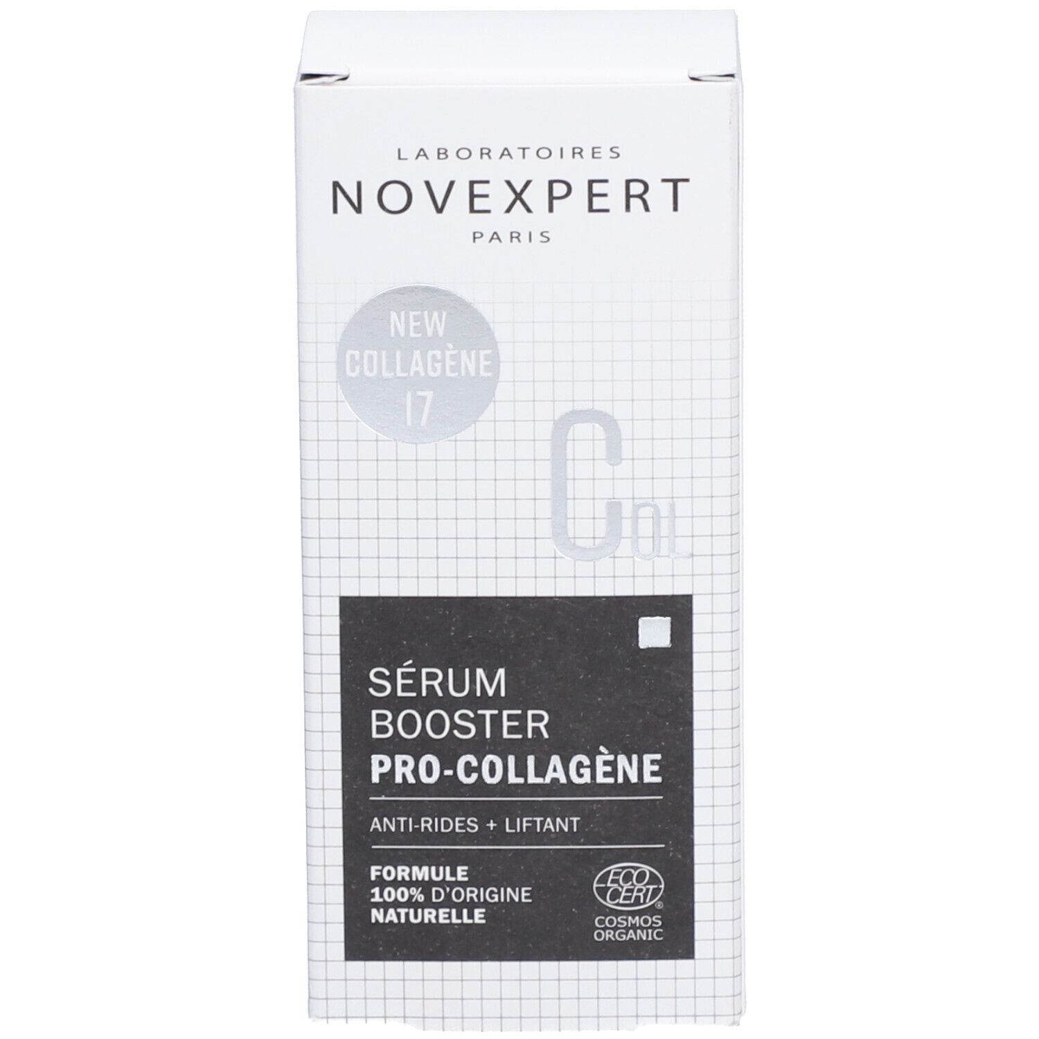 Productverpakking. Opschrift: Novexpert, Sérum Booster Pro-Collagen, Anti-Rides + Liftant, Cosmos Organic.