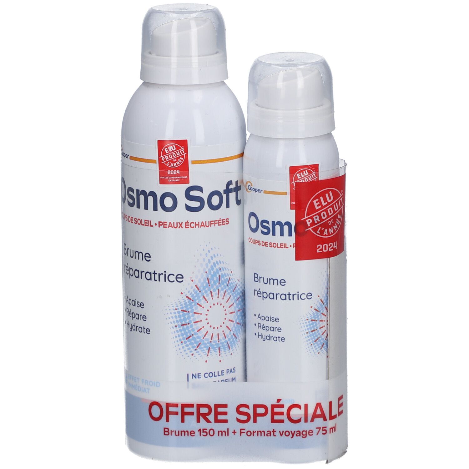 Twee witte spuitflessen. Opschrift: Osmosoft Brume réparatrice. Rode label: Elu Produit de l'année 2024. Opschrift: Offre spéciale.