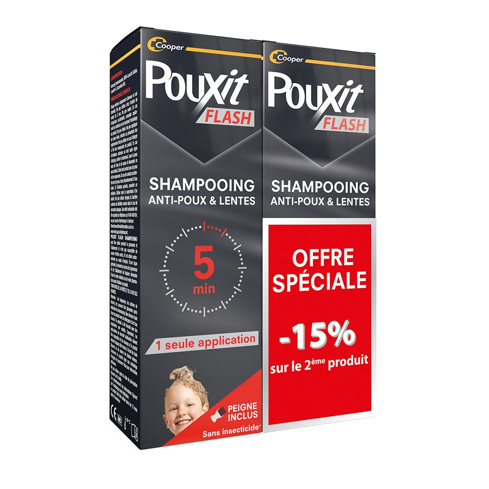 Twee dozen Pouxit Flash Shampooing. Zwarte verpakking met productinfo en -15% korting.